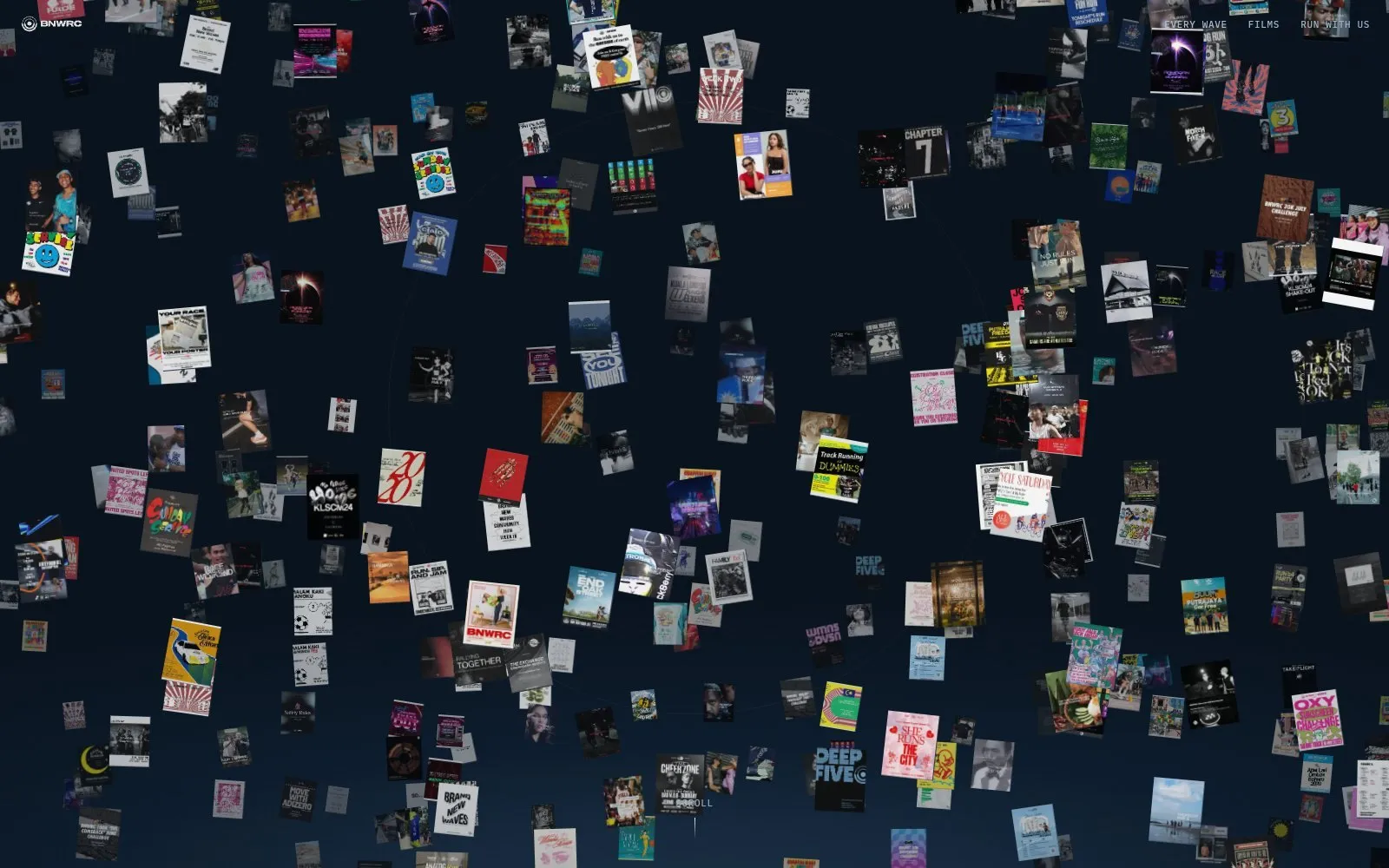 Hundreds of run posters swirling in the dark towards the centre of the screen