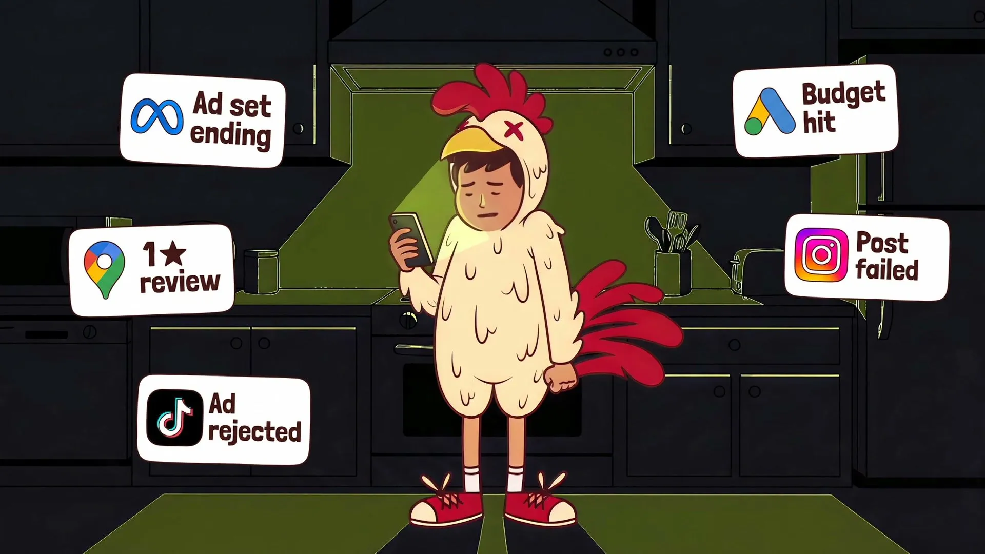 Eggbert in the kitchen, his phone surrounded by failed ad notifications