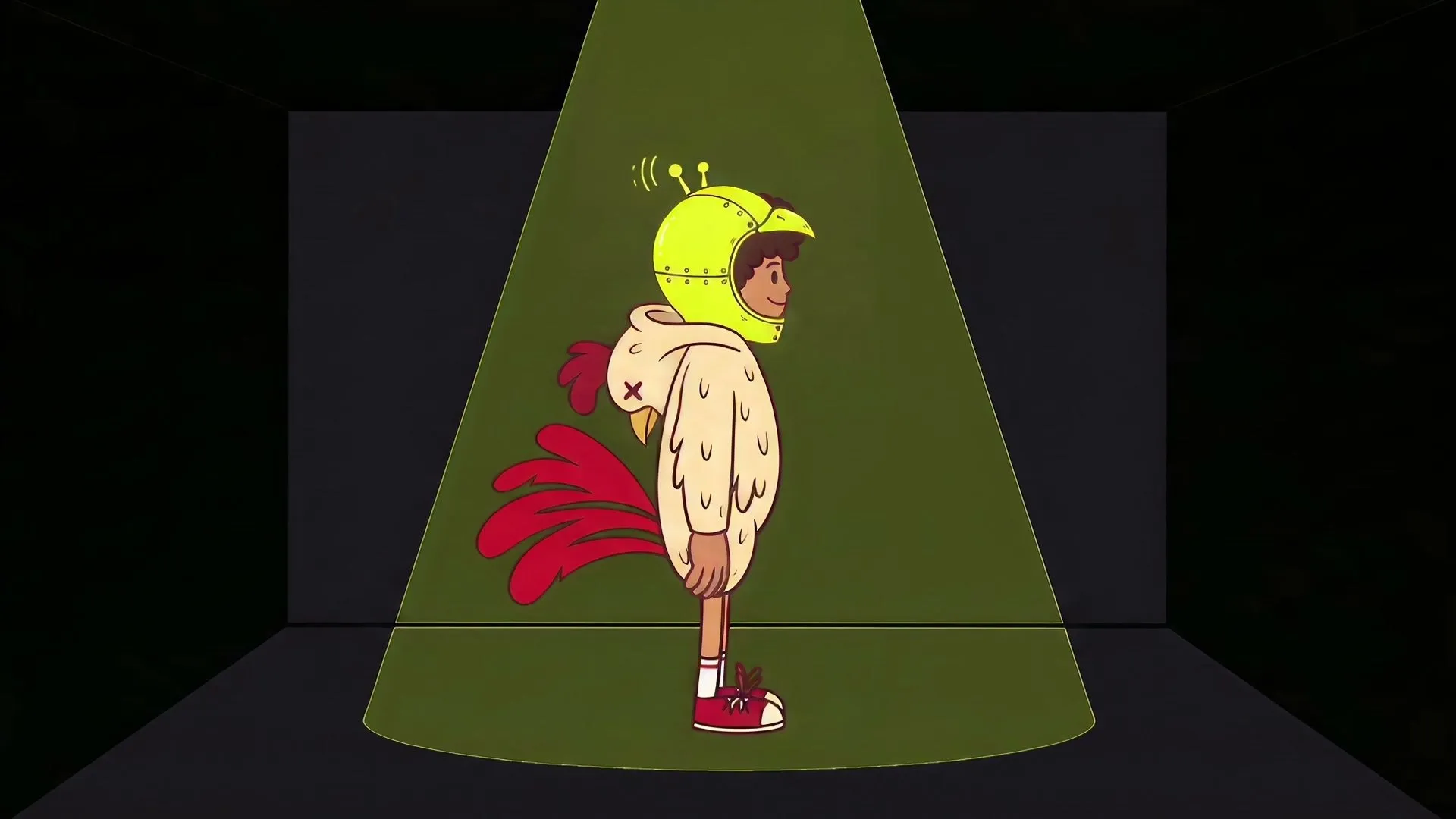 Eggbert wearing the FCC helmet under a spotlight