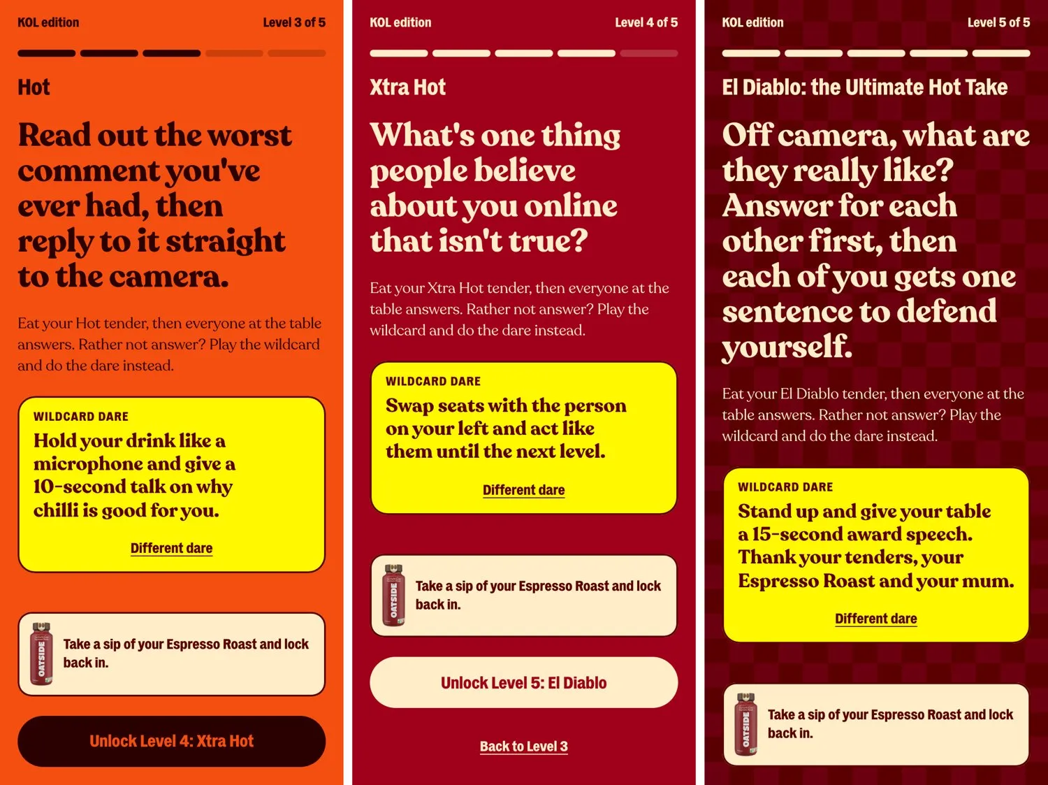 Three screens of the Hot Takes game, levels 3 to 5, each with a question, a wildcard dare and a prompt to sip the Espresso Roast