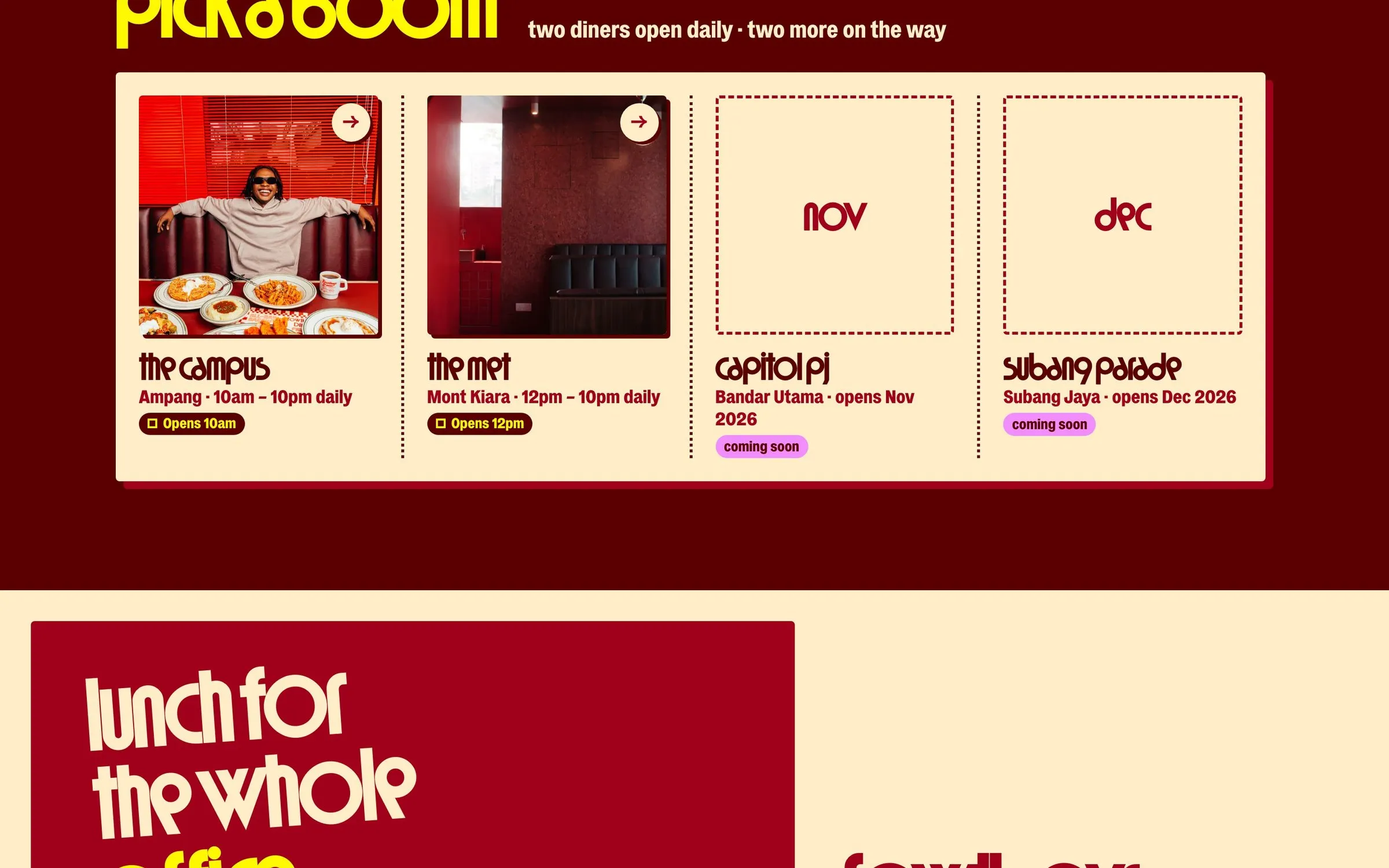 The pick-a-booth section listing the diners open now and the ones opening soon
