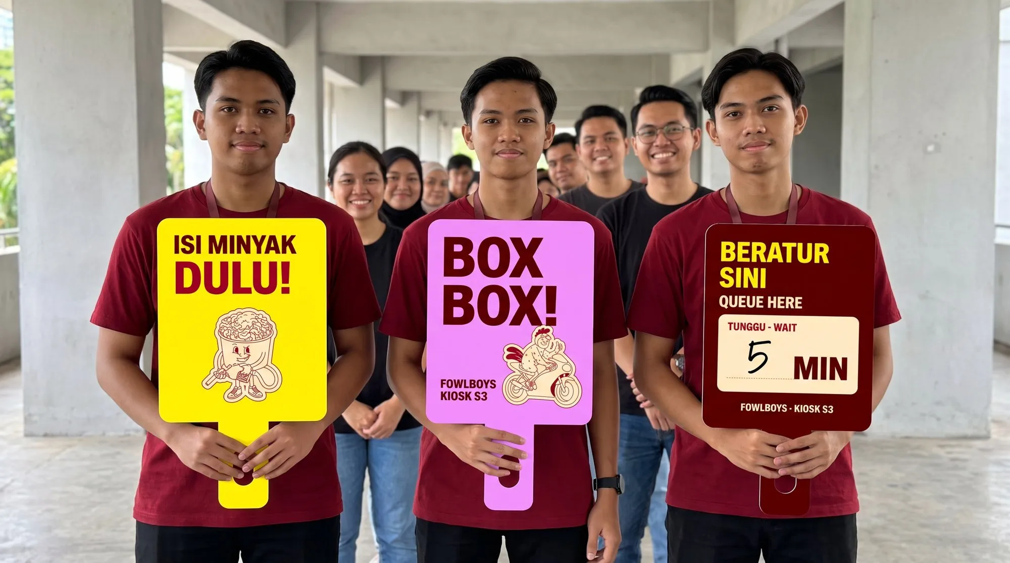 Crew in red tees holding queue paddles that read Isi minyak dulu, Box box and Beratur sini