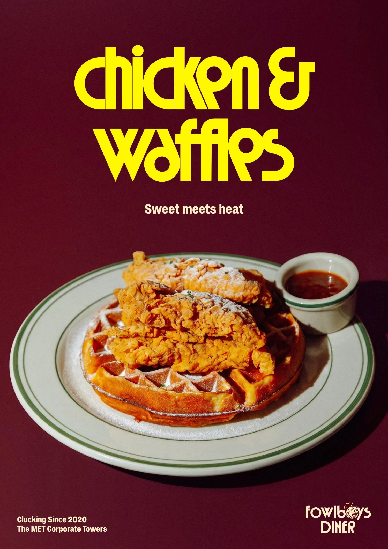 A window poster for chicken and waffles