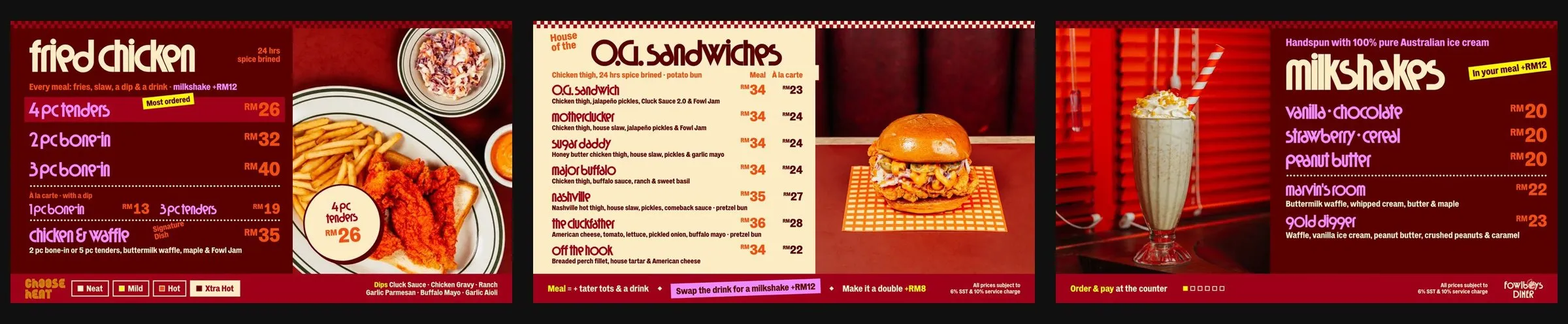 Three counter TV menu screens for fried chicken, sandwiches and milkshakes